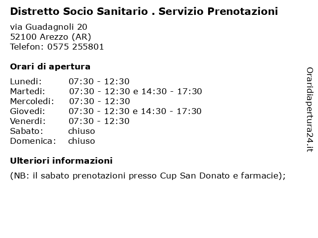 Orari di apertura Distretto Socio Sanitario . Servizio